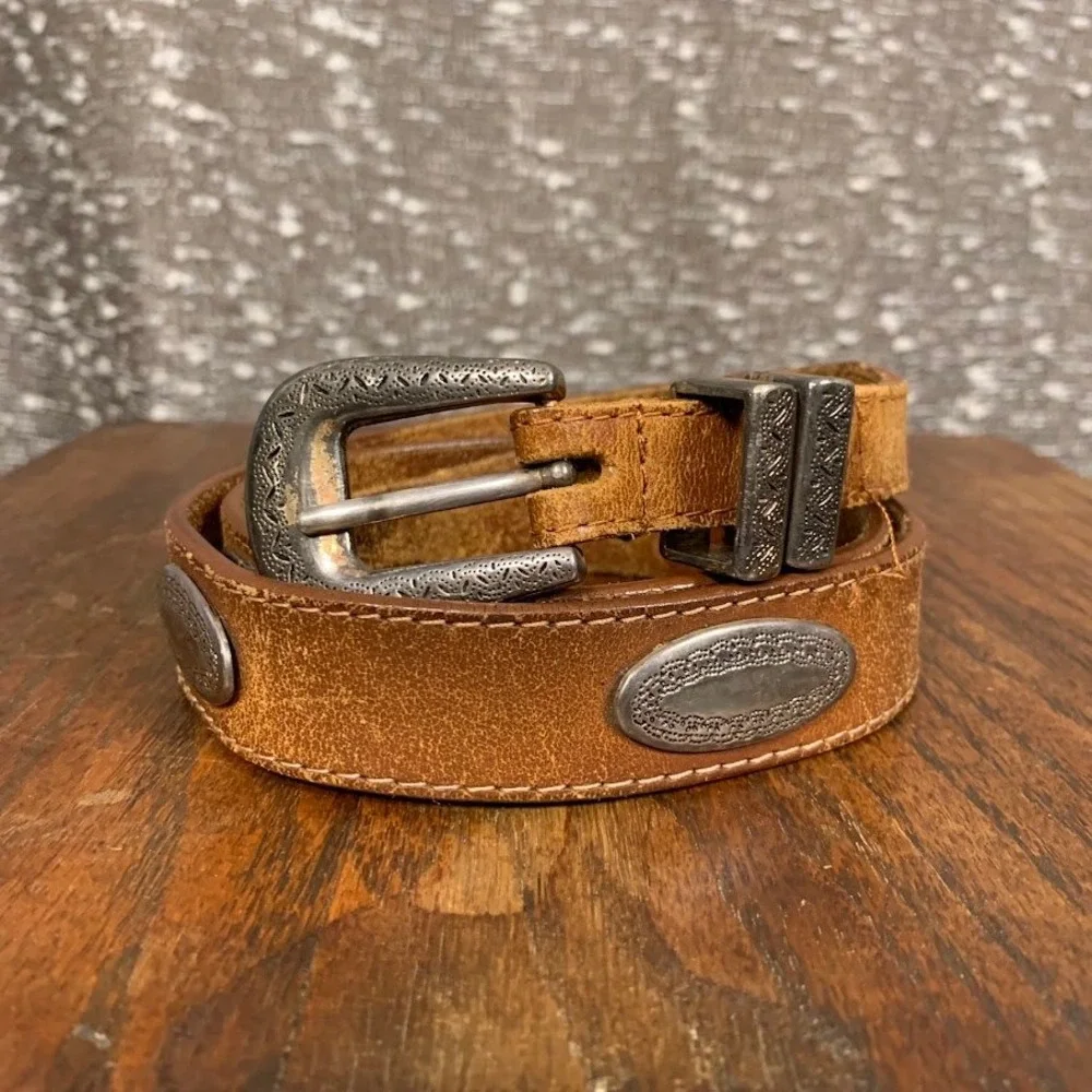 Vintage Western Medallion Belt Brown Leather Cowboy Biker Men's 36